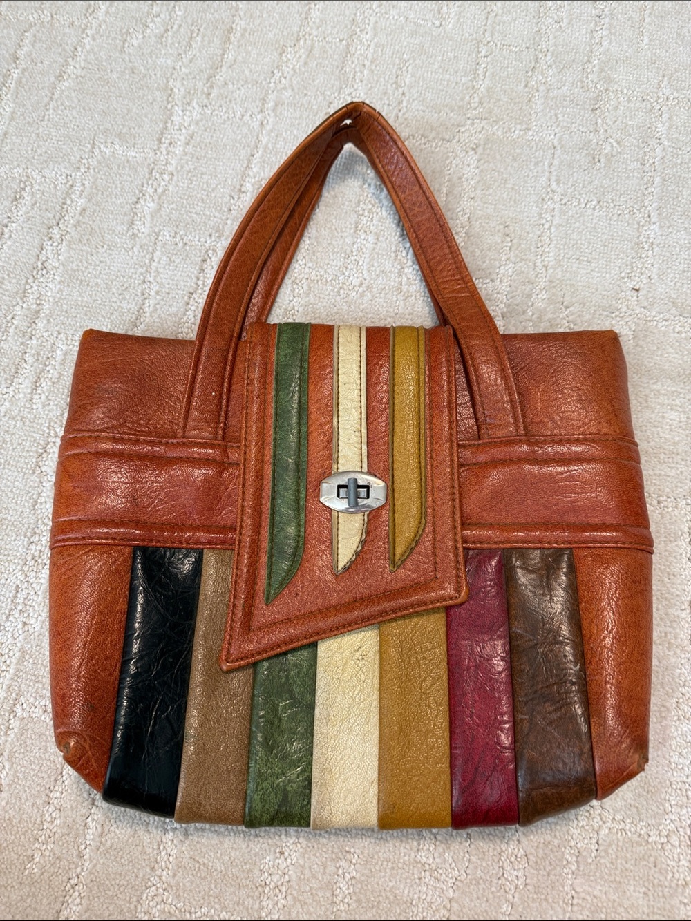 Multi-Color Leather Tote Bag with Turn-Lock Closure